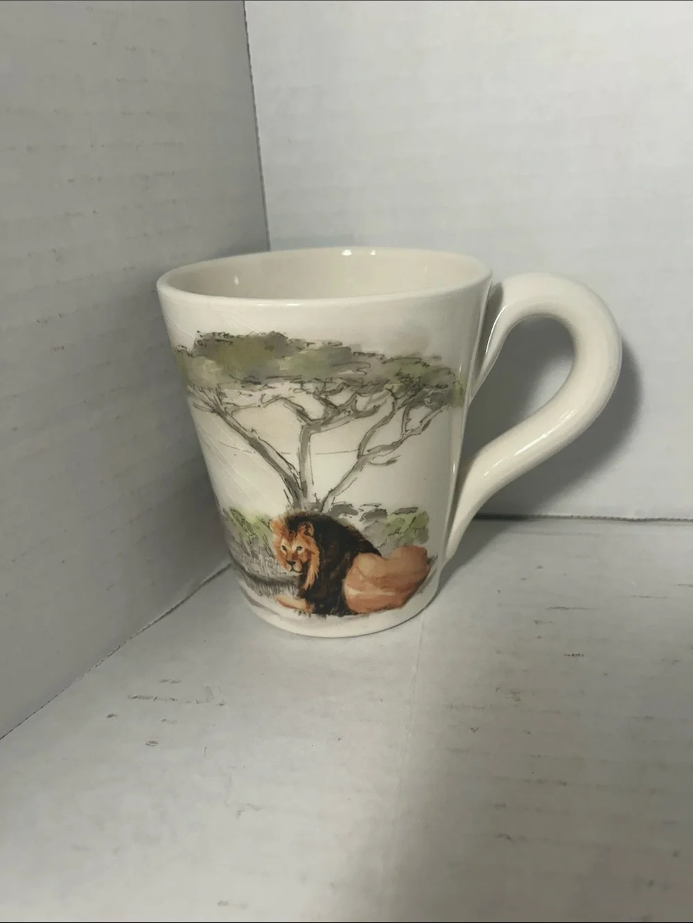 Pier 1 Lion Illustration Ceramic Mug in Cream, Green and Brown
